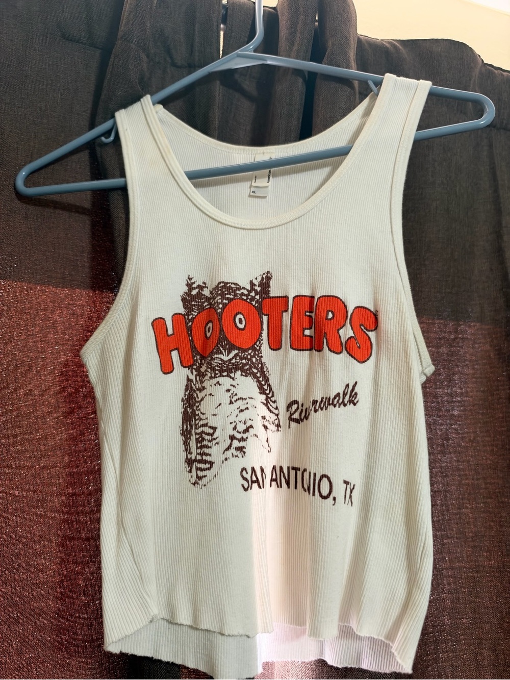 American Apparel Cream Ribbed Hooters Tank with Orange Logo